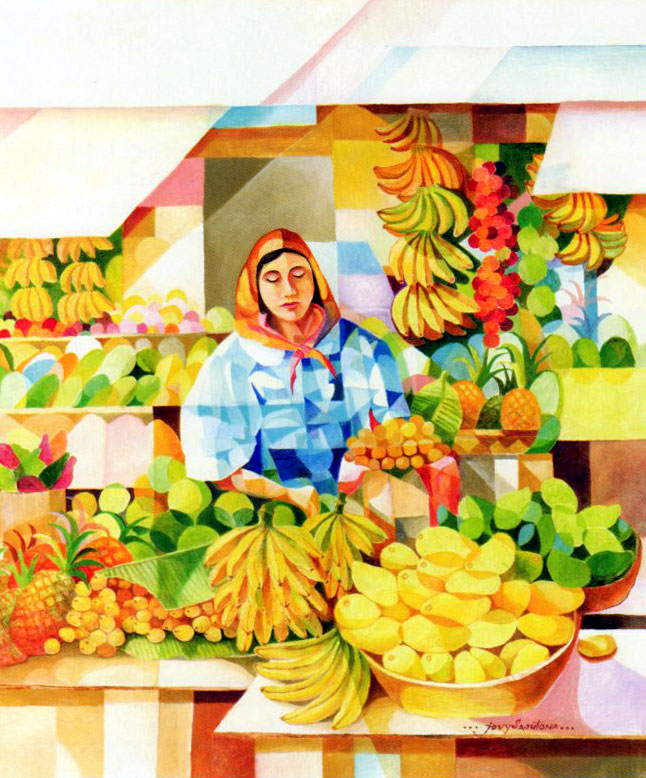 ジョビト・サストーナ　「果物売り」　油彩画