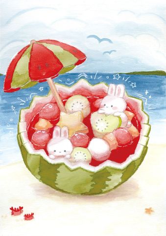 「フルーツポンチ」 六鹿 香(愛知県/口で描く画家) 夏のきらめきと、やさしいかわいらしさが詰まった作品 今治のプチタオルになって販売しています。
